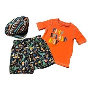 Boys 3 piece bundle beach/pool/swim shirt swim trunk sea life stripe hat size 3T